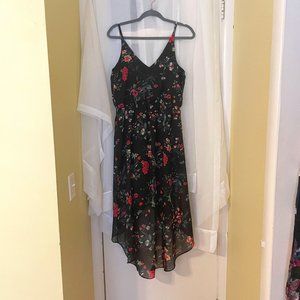 Beautiful Black and Pink Floral Print High-low Skirt Dress